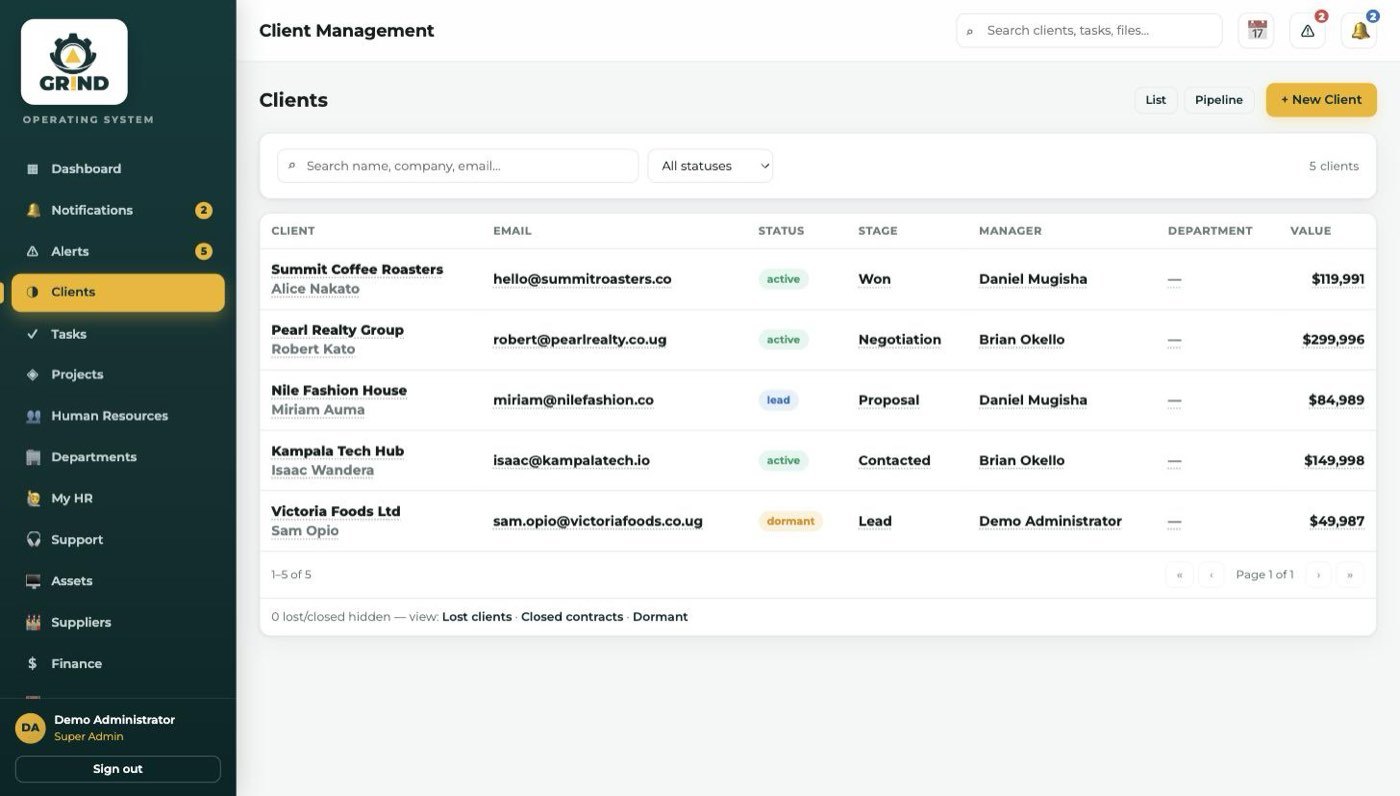 GRIND client management with pipeline stage, manager and value per client